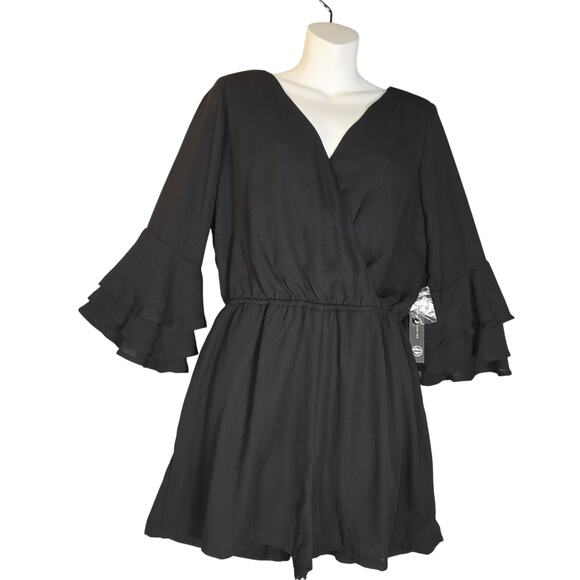 As U Wish Womens Medium Romper Bell Sleeves Suplice Wrap Black Dark Academia - Picture 1 of 15